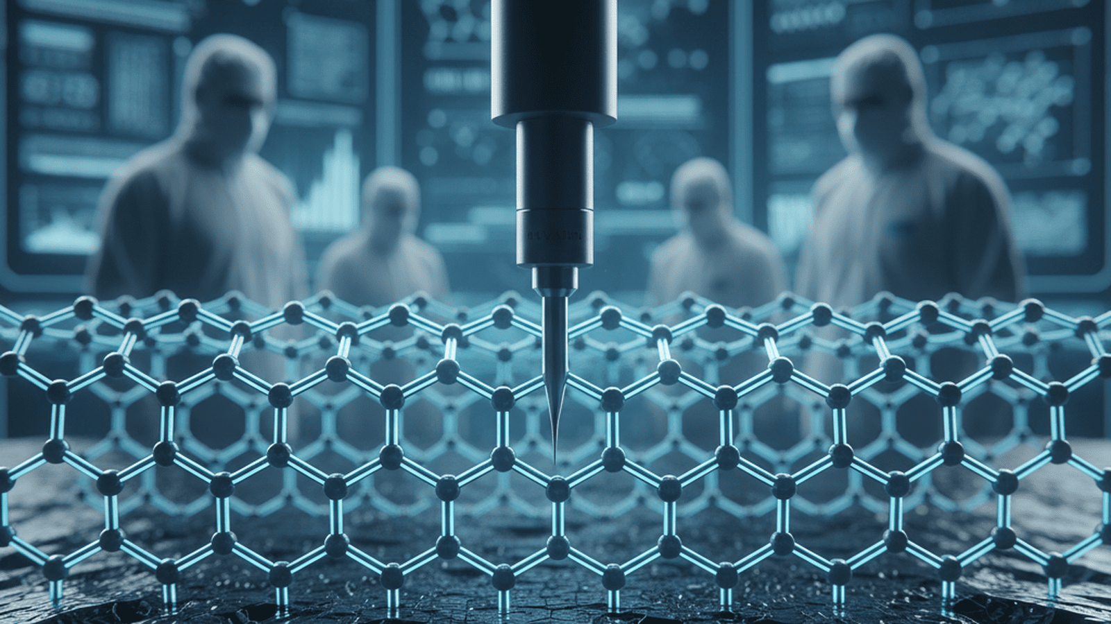 A microscopic view of a carbon lattice structure being analyzed in a modern materials science laboratory.