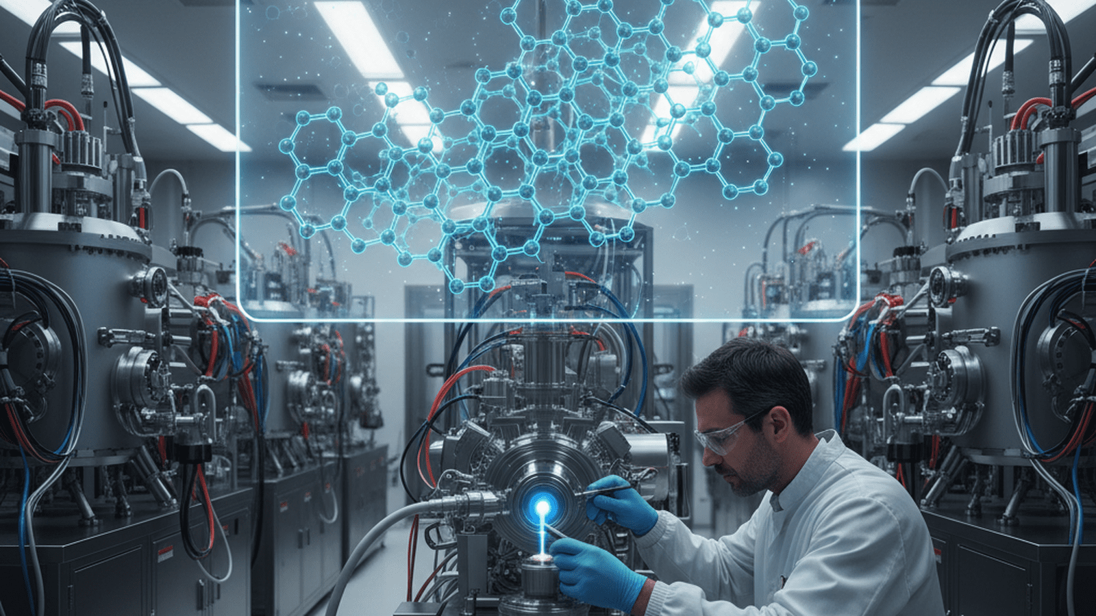 A high-resolution visualization of a graphullerene sheet showing interconnected spherical carbon molecules.