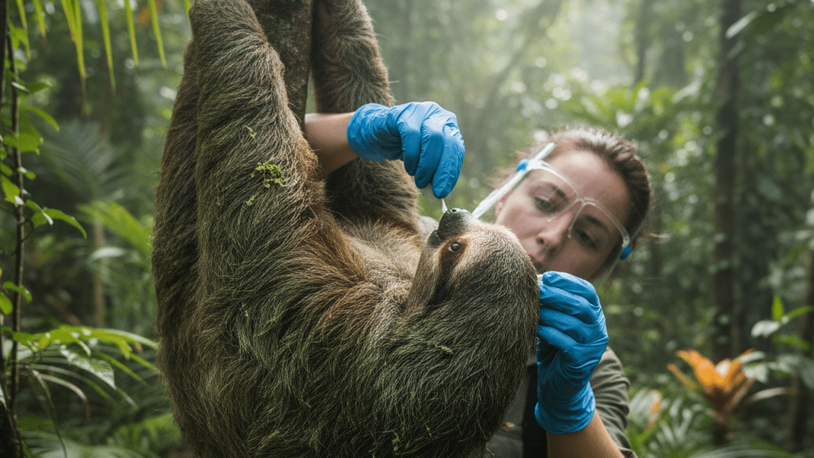 A researcher collects microbial samples from the fur of a sloth in a Costa Rican rainforest.