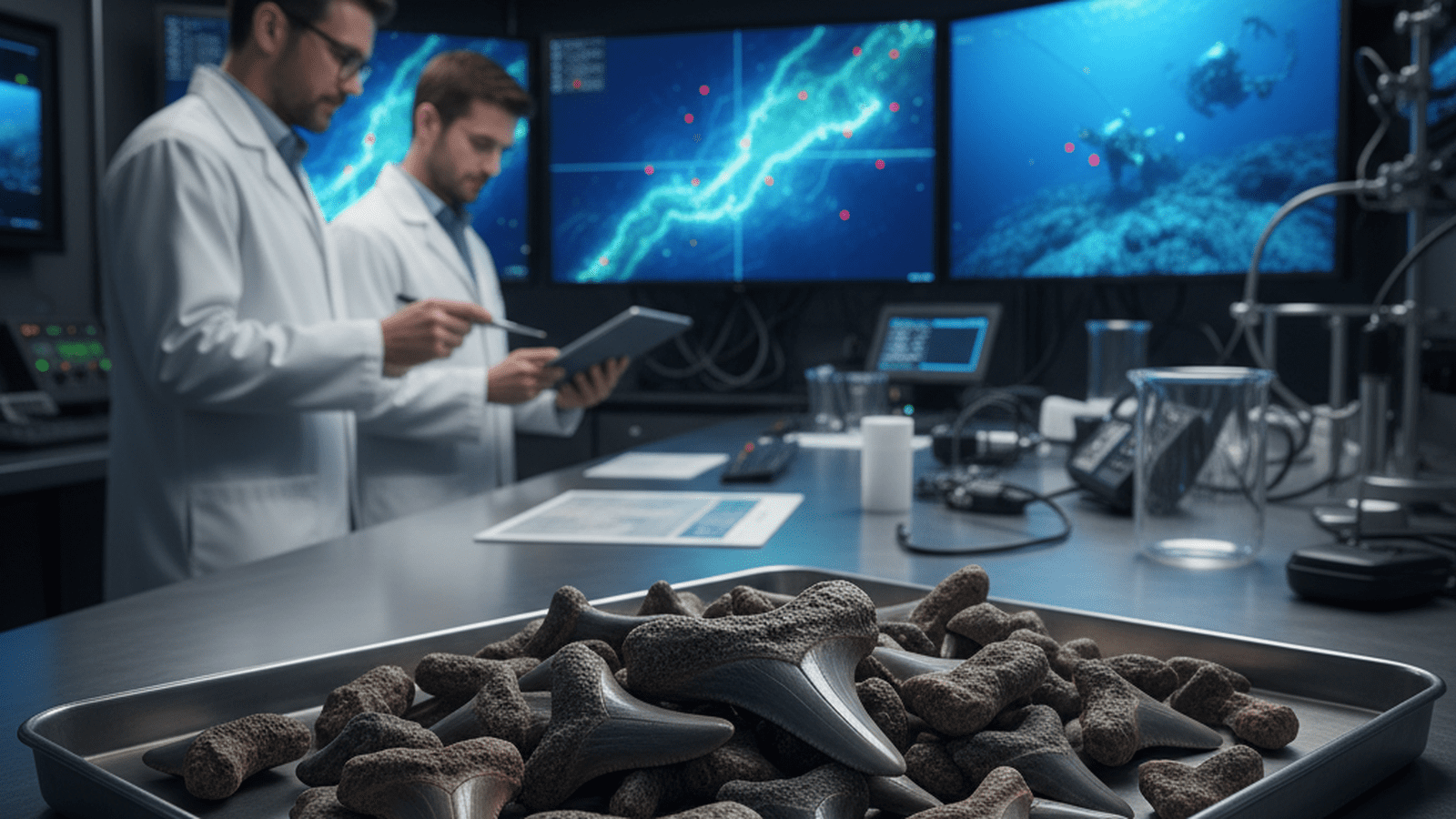 A collection of fossilized shark teeth displayed in a metal tray inside a marine research vessel.