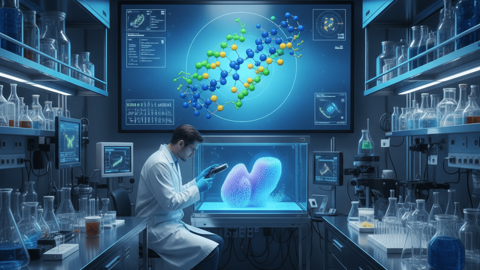 science-deep-sea-sponge-anti-inflammatory-discovery-fbcd97d7 A scientist examining a deep-sea sponge in a modern medical research laboratory.