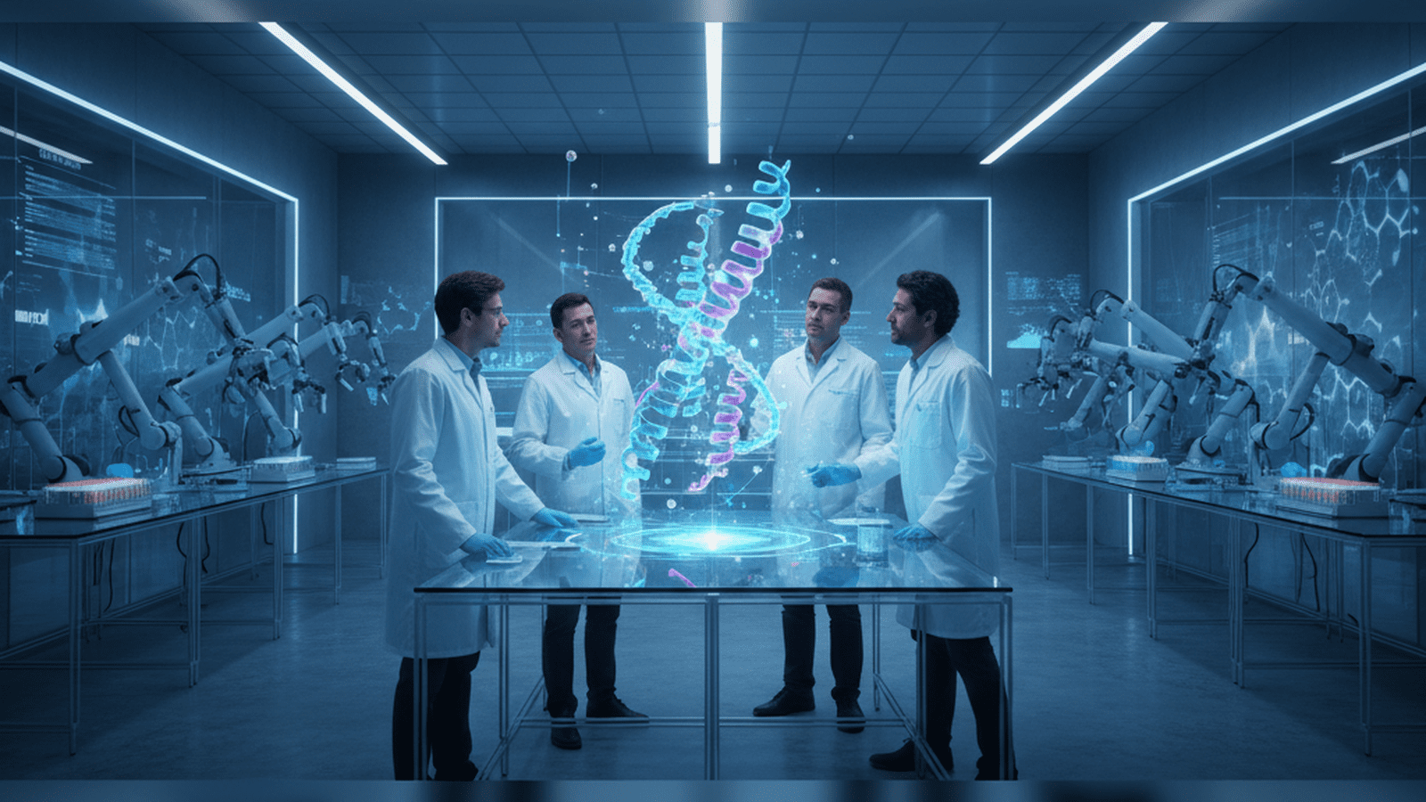 A holographic representation of a protein molecule being analyzed in a modern biotechnology laboratory.