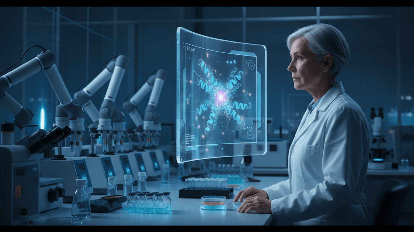 A scientist analyzes a complex protein structure on a digital display in a modern biomedical laboratory.