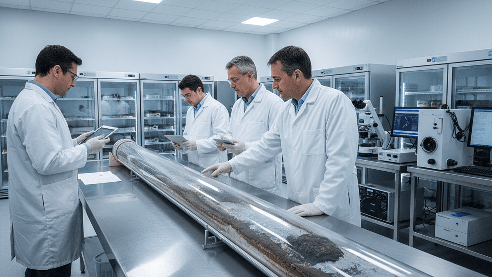 Scientists in a laboratory examine a dark sediment core extracted from deep beneath the Greenland ice sheet.
