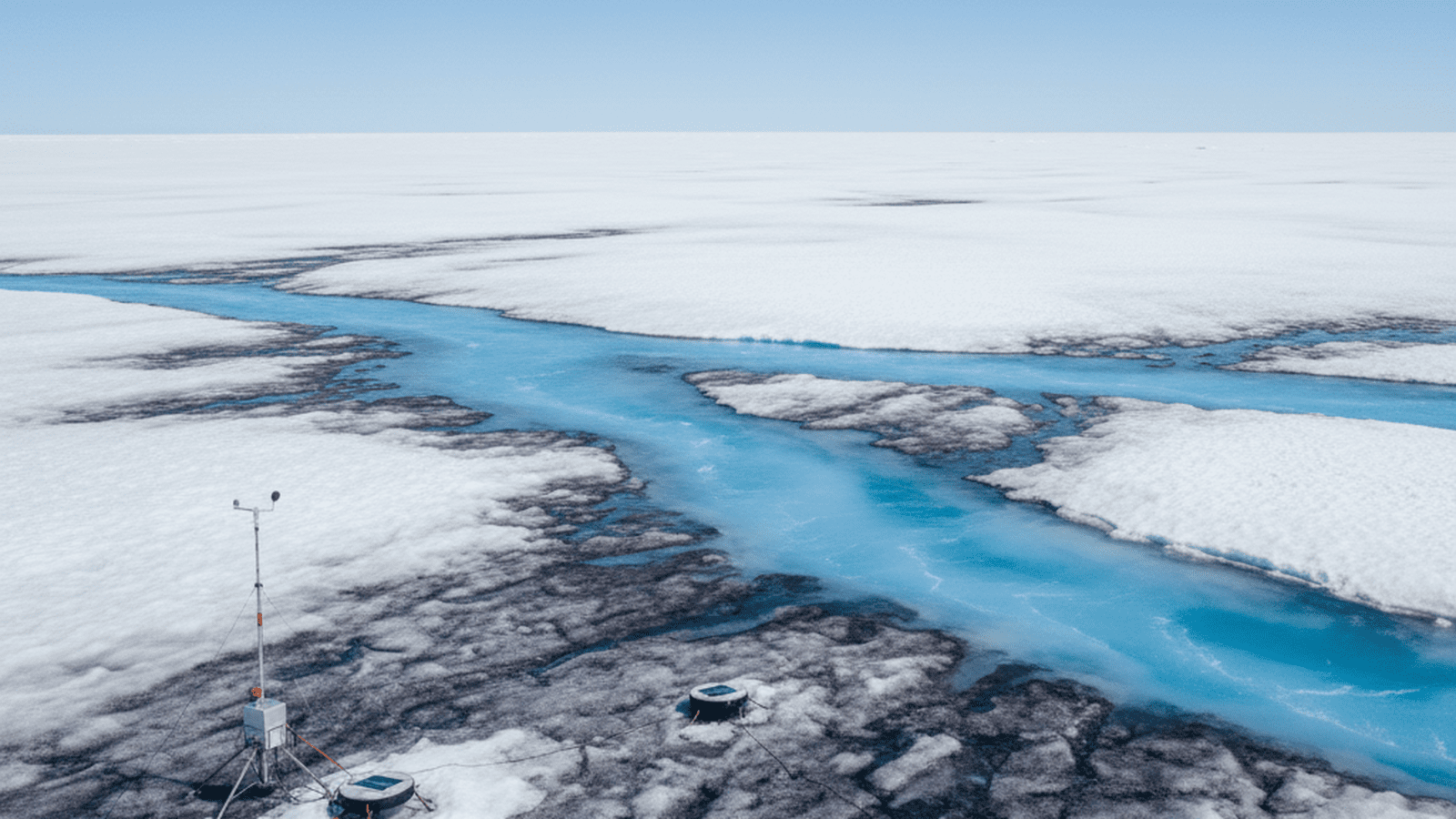 A scientific field site on the Greenland Ice Sheet showing dark-pigmented ice algae patches and monitoring equipment.
