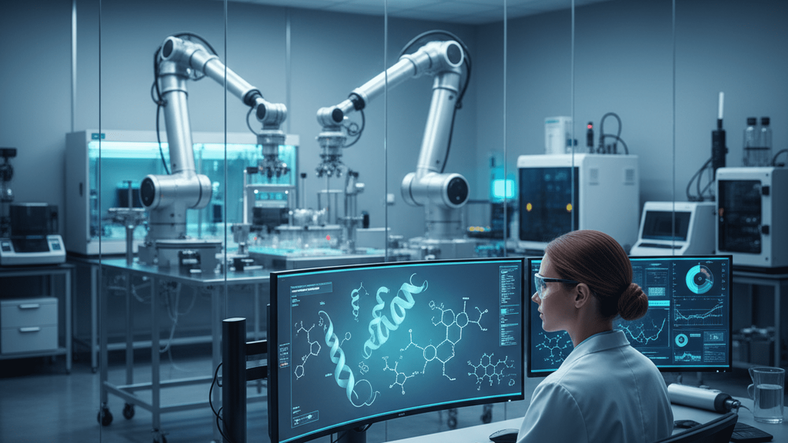 A scientist examines a 3D molecular model on a large digital display in a modern biotechnology laboratory.