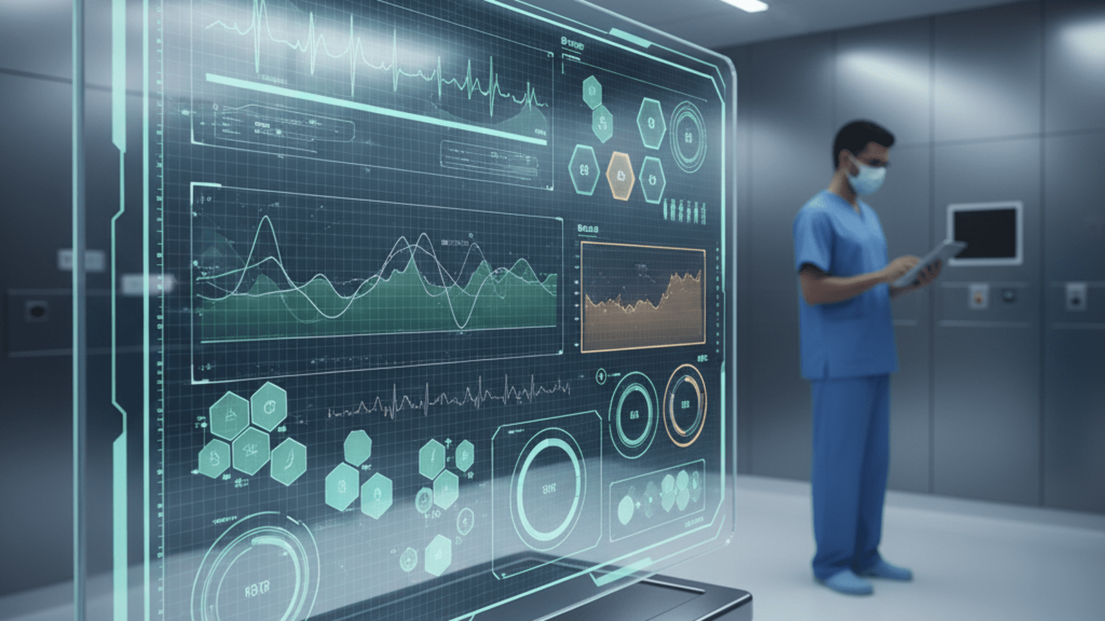 A digital medical dashboard in a hospital setting showing real-time patient data analytics.
