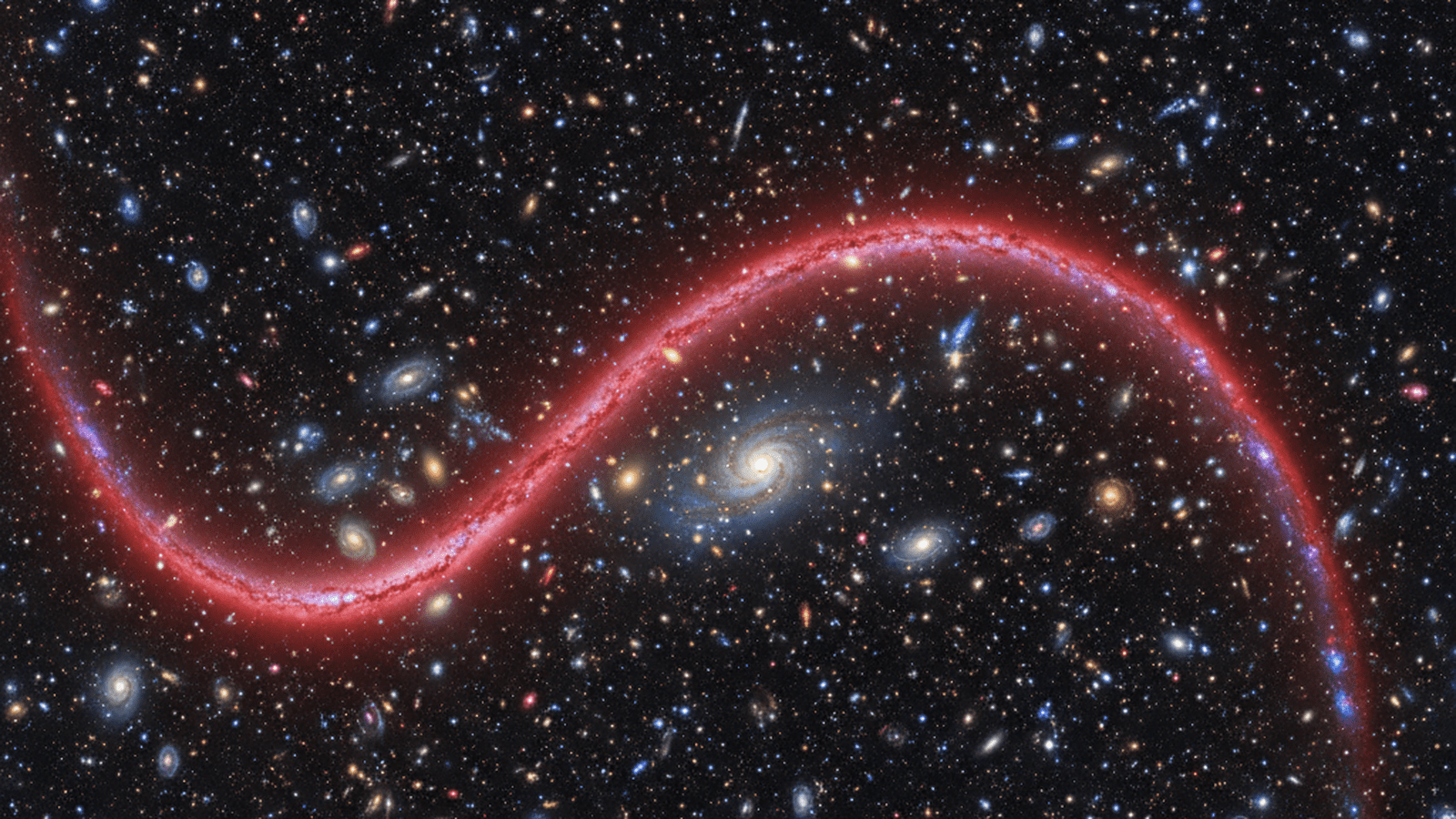 A deep space image showing a gravitationally lensed galaxy arc containing five distinct star clusters from the early universe.