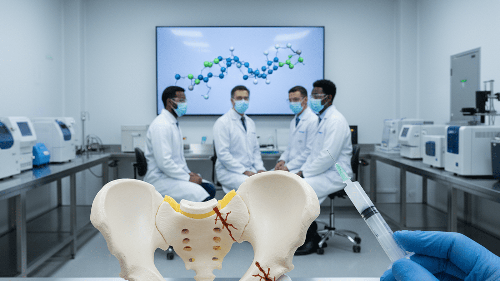 A medical researcher holds a syringe of injectable bone-repair gel over a fractured bone model in a high-tech hospital lab.