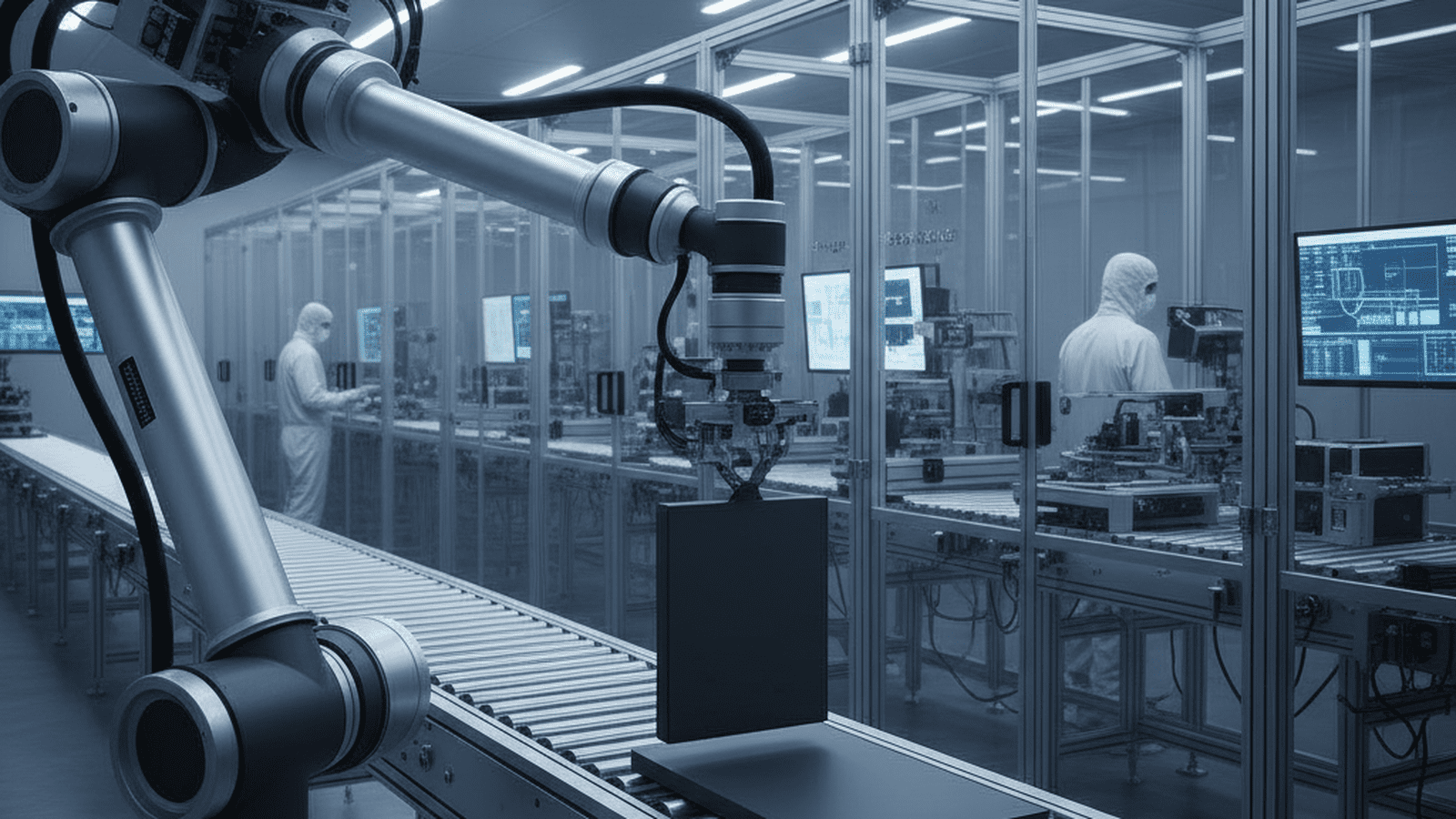 A robotic arm assembles lithium-sulfur battery cells in a clean, modern manufacturing facility.