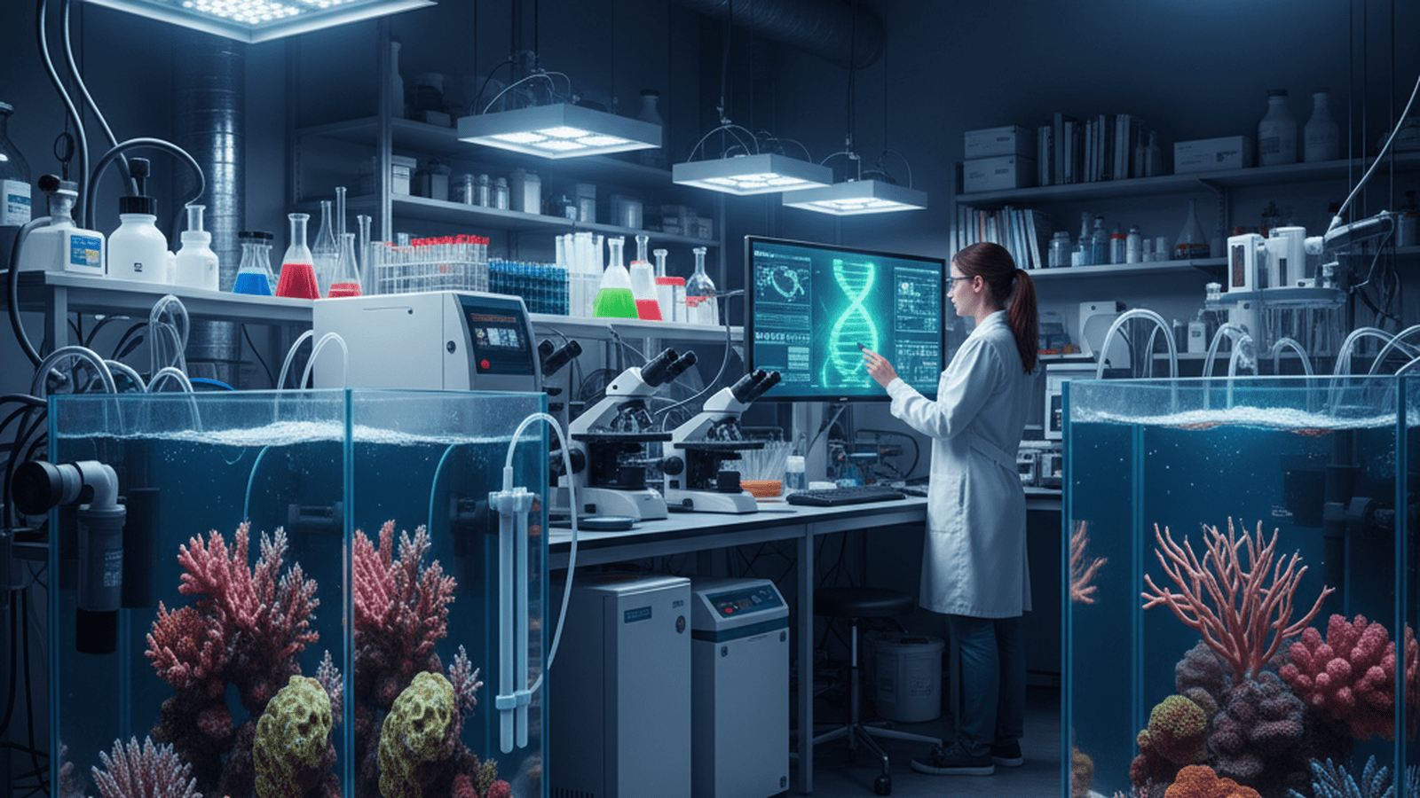 A modern marine biology lab featuring coral fragments in illuminated tanks and a researcher monitoring genomic data.