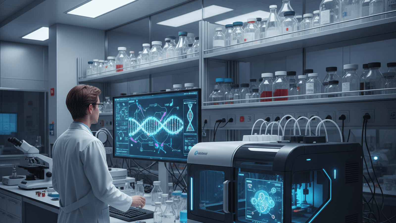 A scientist in a government laboratory analyzes a complex genetic sequence on a high-resolution monitor.