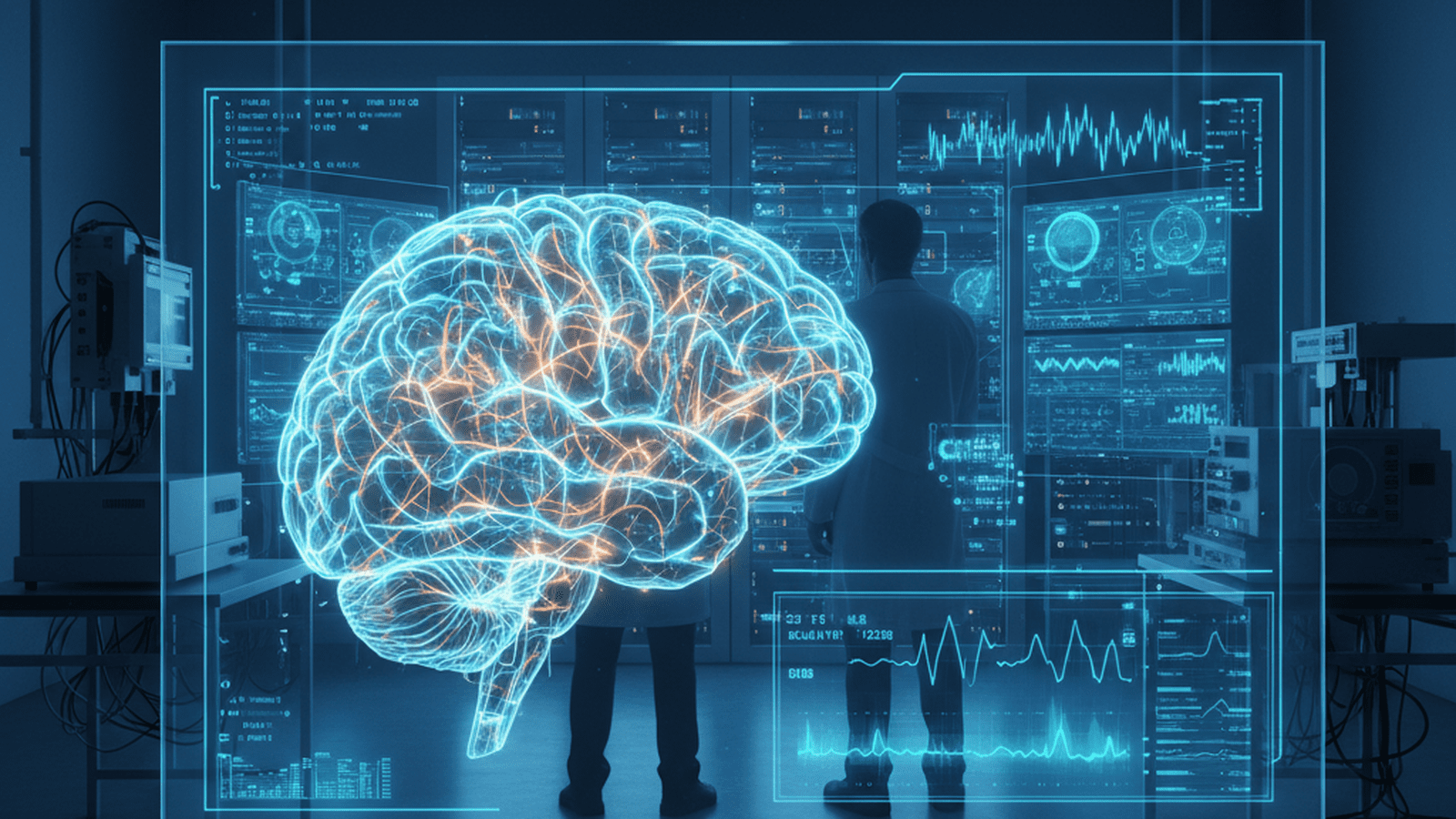 A high-tech neuroscience laboratory showing a glowing 3D brain map on a glass display with researchers working in the background.