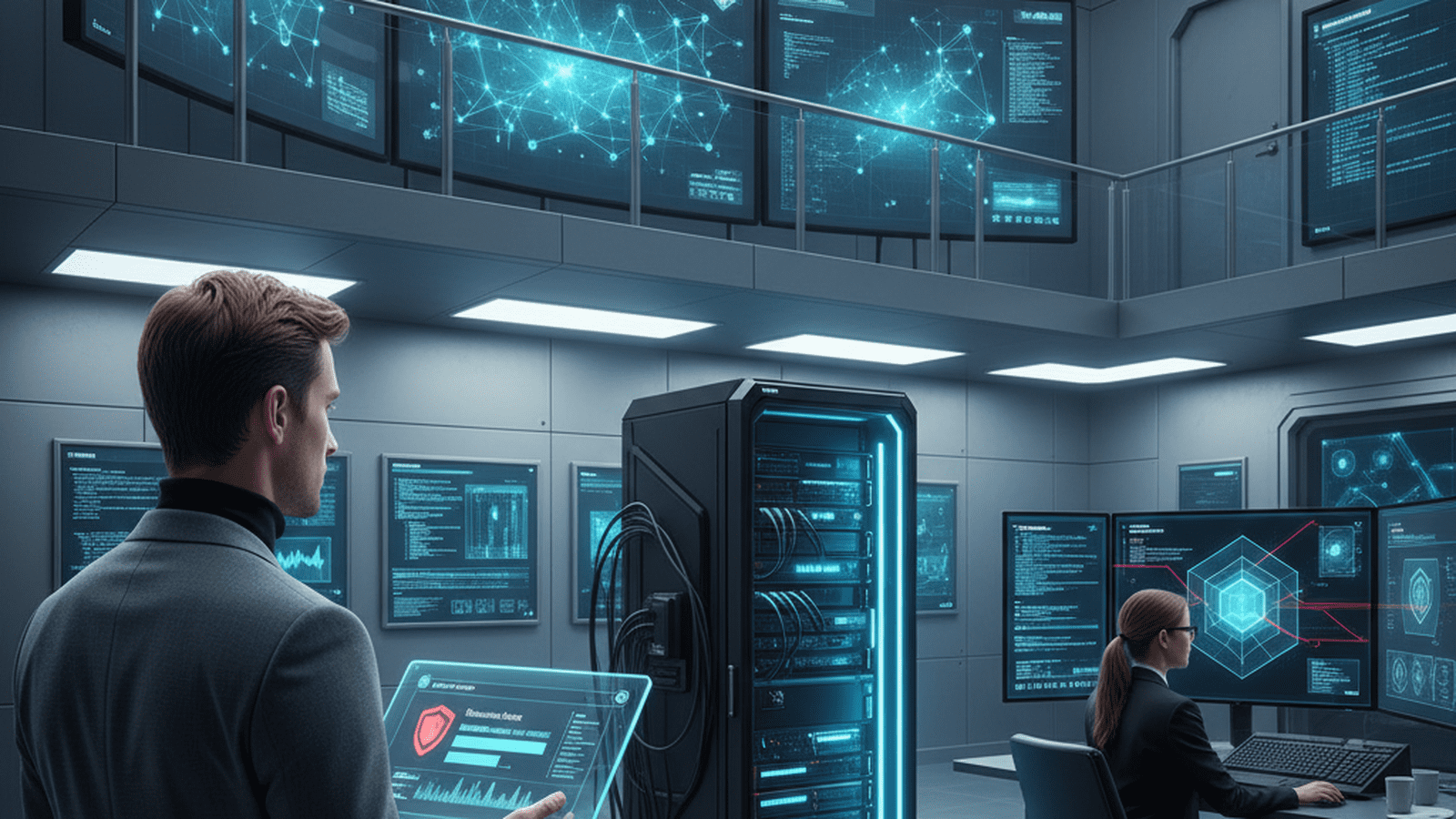 A modern government research facility showing computer screens with AI model visualizations and server hardware.