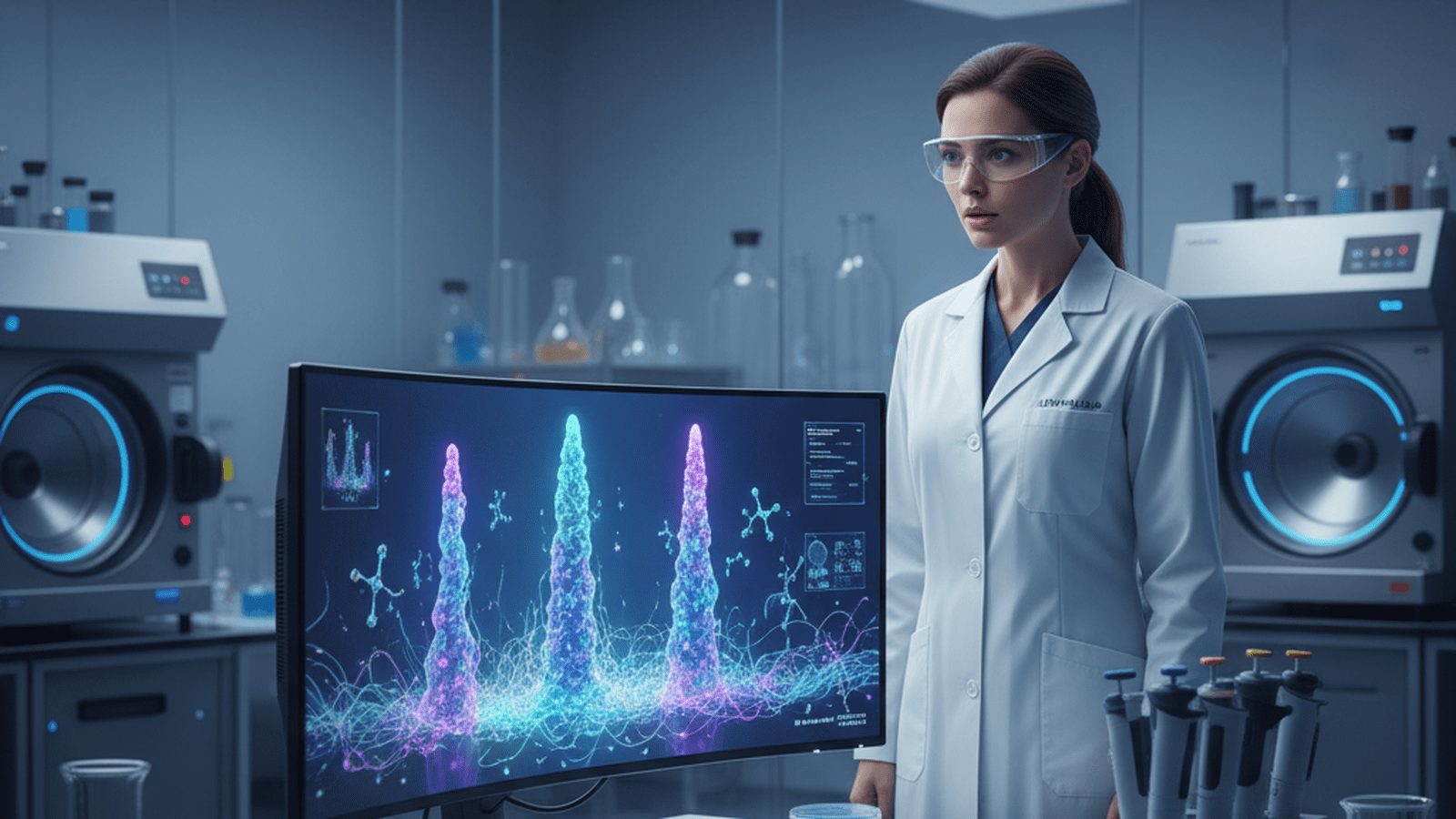 A scientist analyzes 3D models of rod-shaped RNA structures on a computer screen in a modern laboratory.