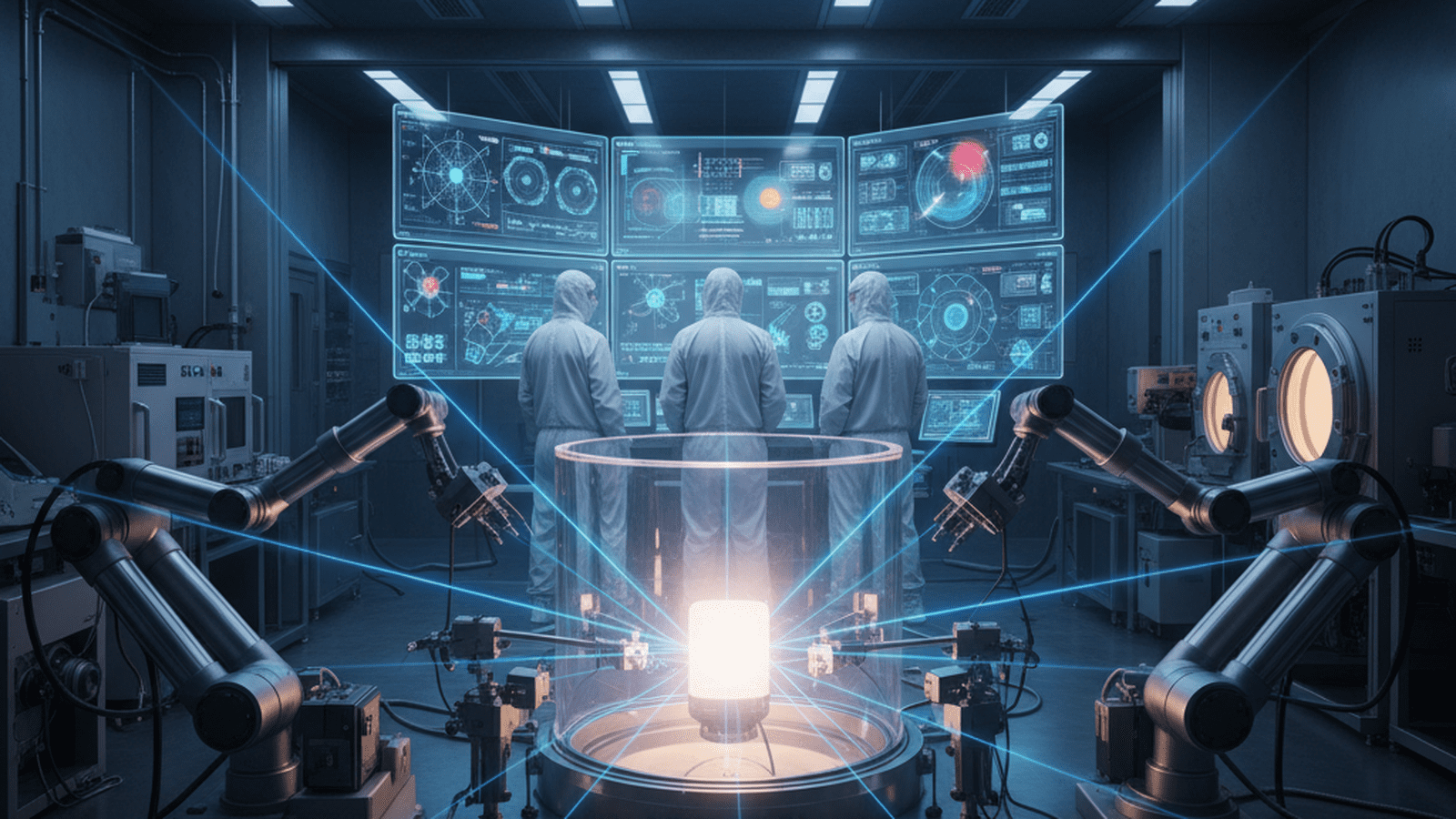 A glowing metal sample undergoing high-temperature stress testing in a sophisticated laboratory environment.