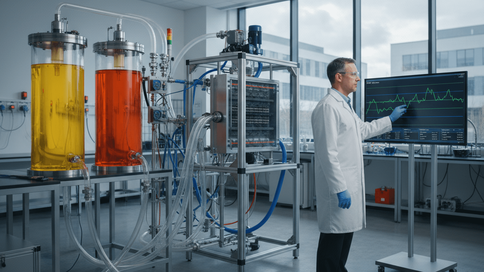 A large-scale flow battery system with colorful electrolyte tanks and complex piping in a modern laboratory.