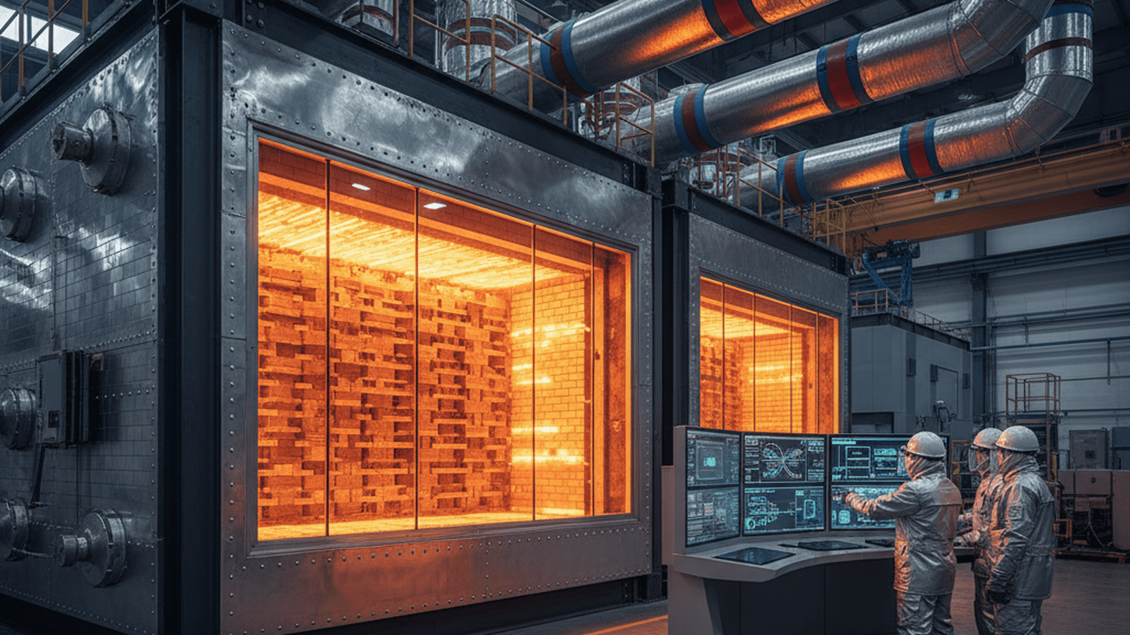A large-scale thermal energy storage unit containing glowing refractory bricks used to store renewable electricity as heat.