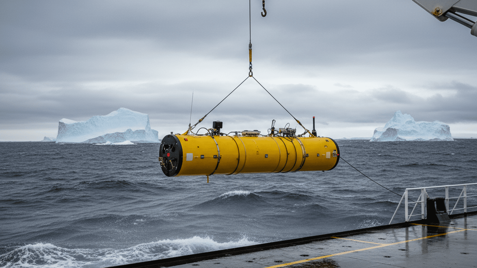 A yellow robotic Deep Argo float is lowered by a crane from a research ship into the dark, icy waters of the Southern Ocean.