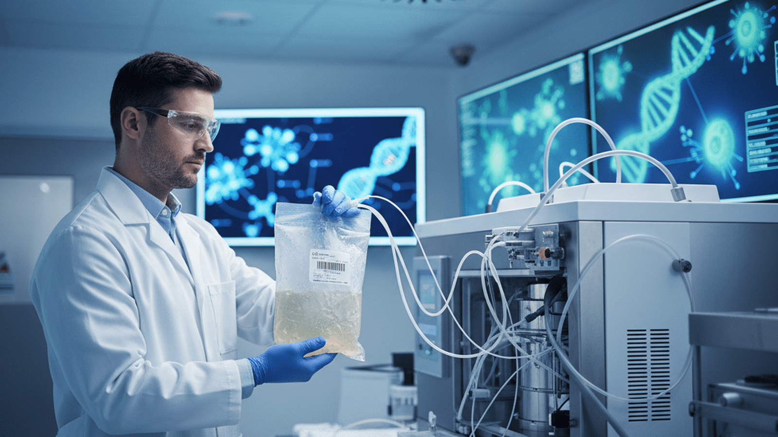 A scientist processes cellular therapy in a modern, sterile hospital laboratory.