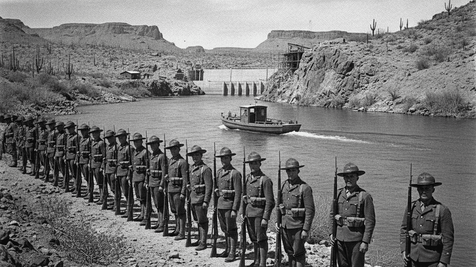 Arizona National Guard soldiers stationed at the Colorado River during the 1934 Parker Dam conflict.