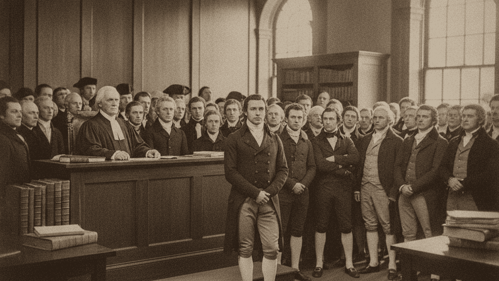 A 1807 courtroom scene showing Chief Justice John Marshall presiding over the treason trial of Aaron Burr.