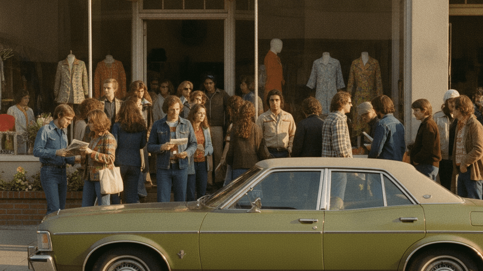 A group of people in 1970s clothing gather on a San Francisco street during the 1978 campaign season.
