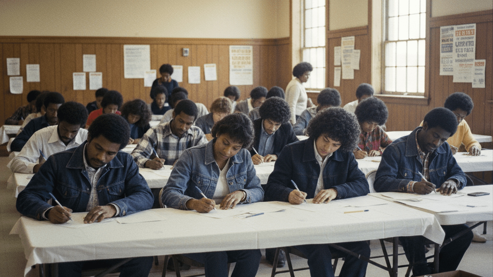 A diverse group of Chicago residents participate in a 1983 voter registration drive, filling out paper forms in a community center.