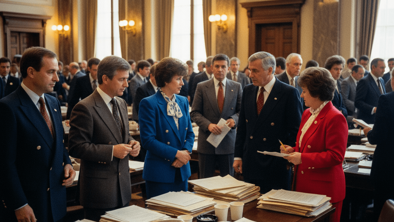 Legislators in 1980s attire debate on the floor of the Connecticut State Capitol.