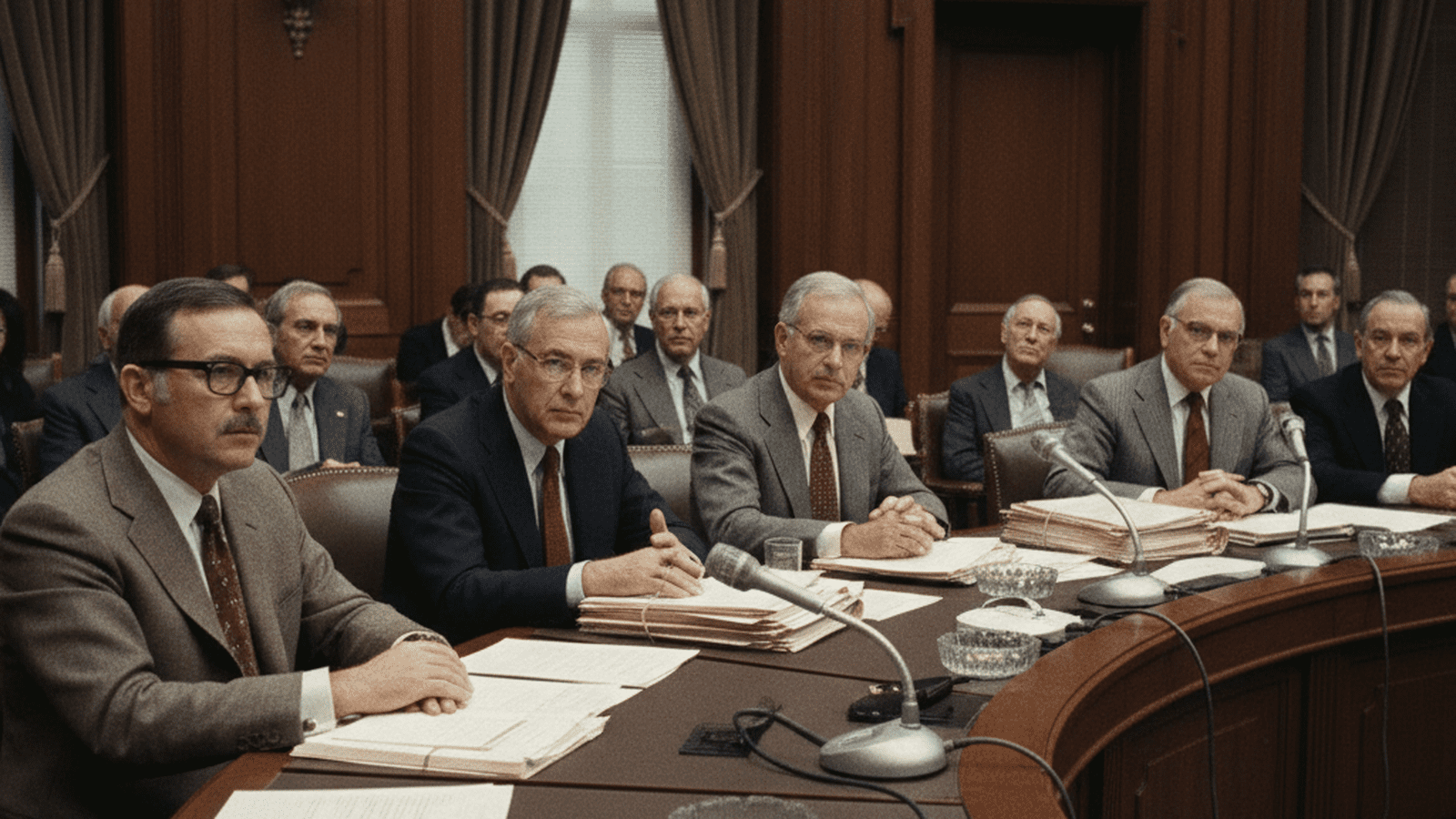 A 1979 scene of U.S. Senators in a wood-paneled hearing room discussing campaign finance legislation.