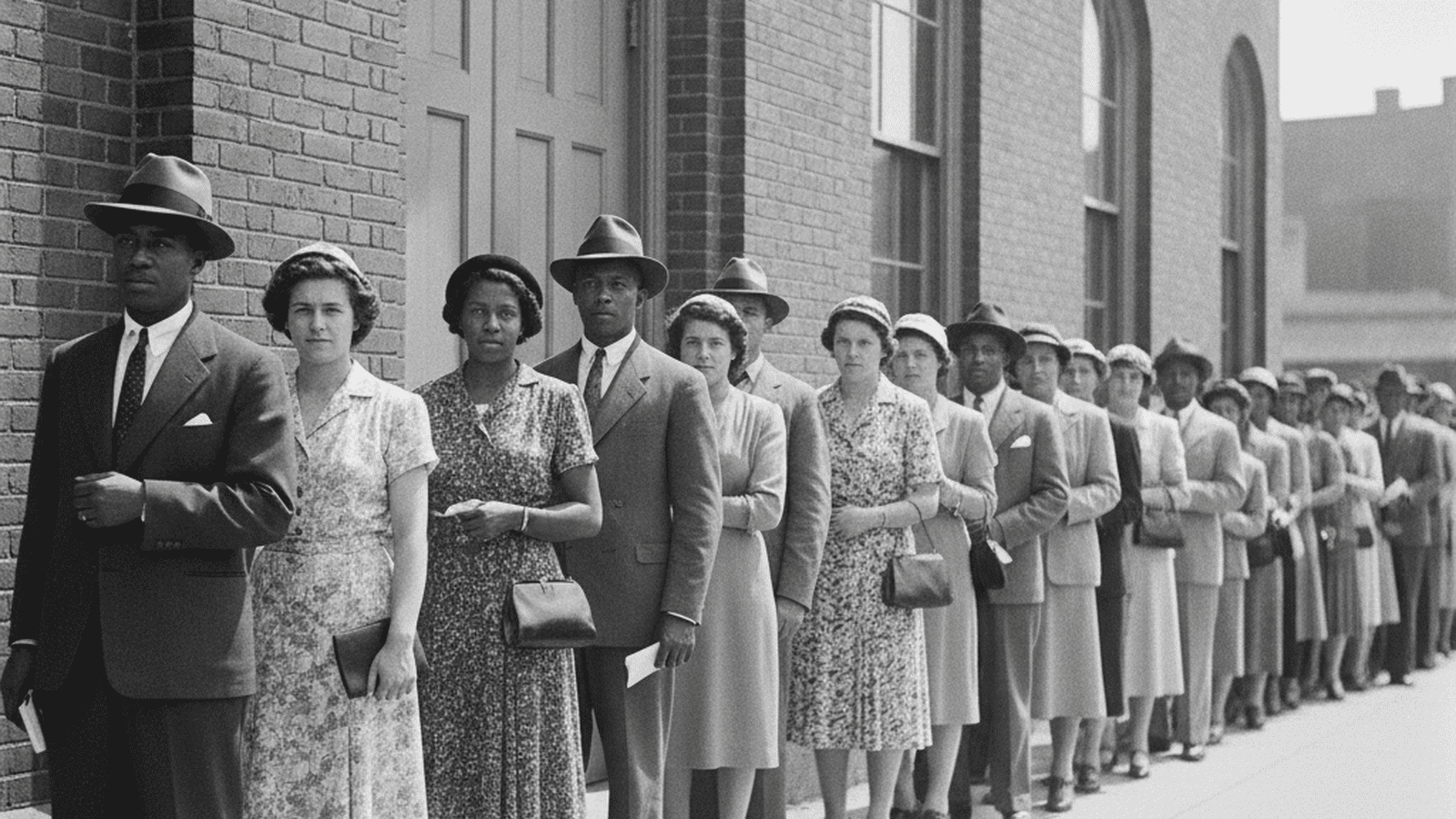 A 1945 monochrome photo of Georgians in period-accurate clothing waiting in line at a municipal building to register to vote.
