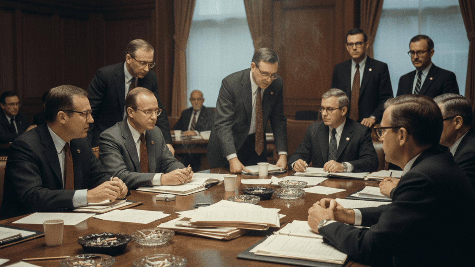 A group of 1970s-era congressmen in suits discussing legislative reforms in a wood-paneled office.