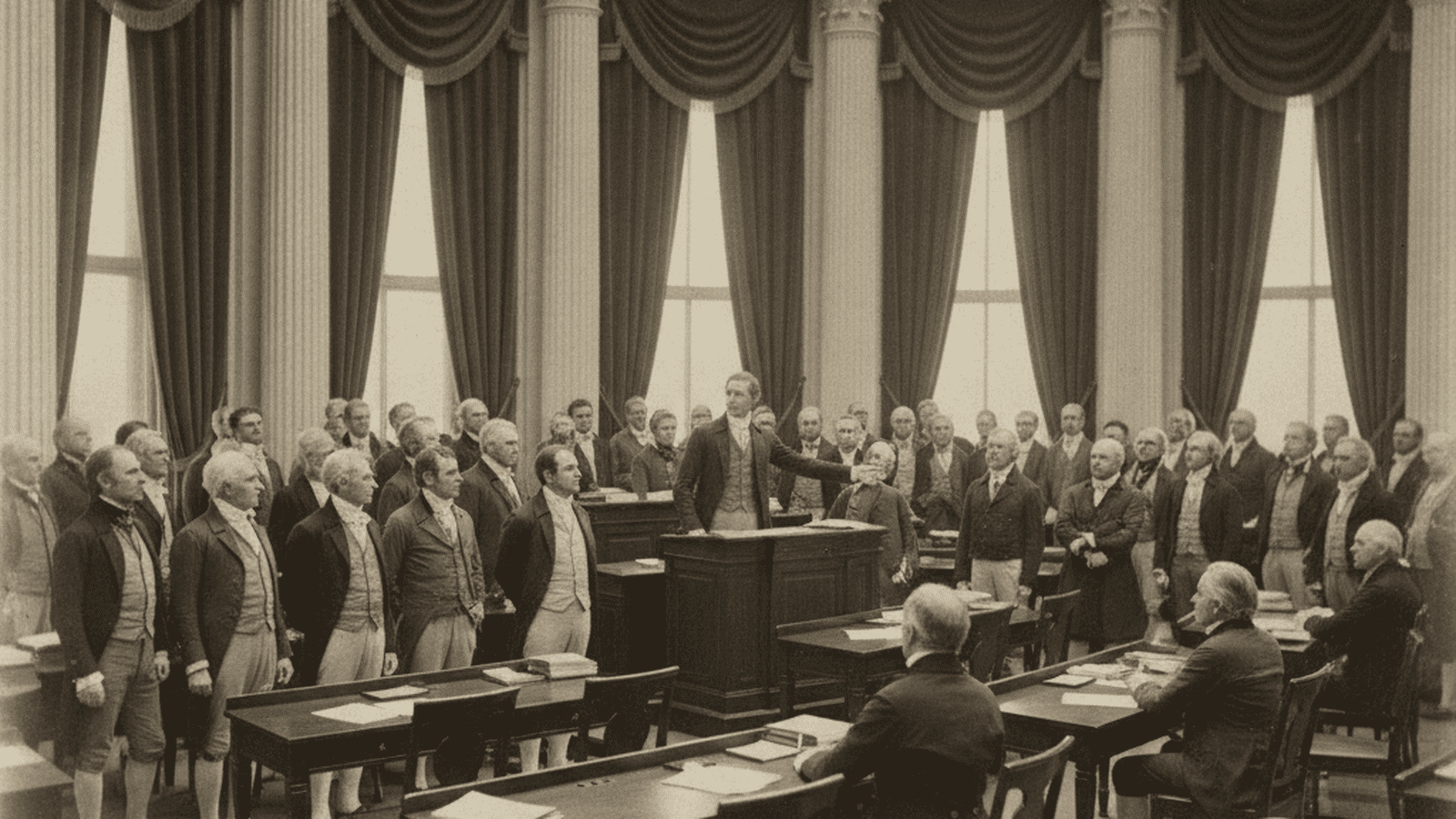 Henry Clay stands at the Speaker's rostrum in the U.S. House of Representatives in 1811, addressing a chamber of men in period-accurate early 19th-century clothing.
