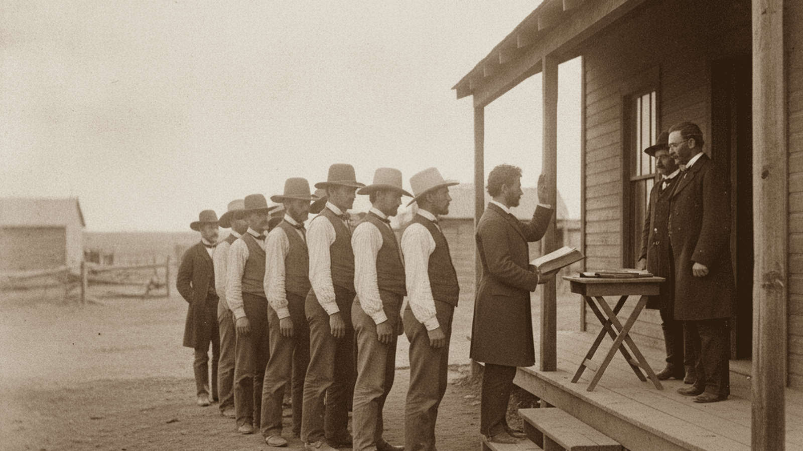 Men in 1880s Western clothing wait outside a wooden building in Idaho to take a voter oath.
