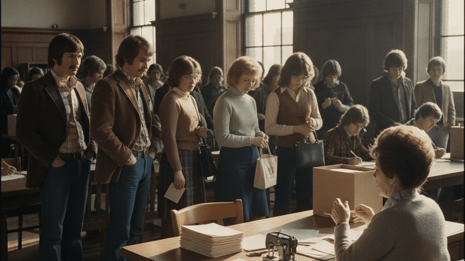 Voters in 1980s clothing wait in a Chicago library to cast ballots on the Illinois Cutback Amendment.