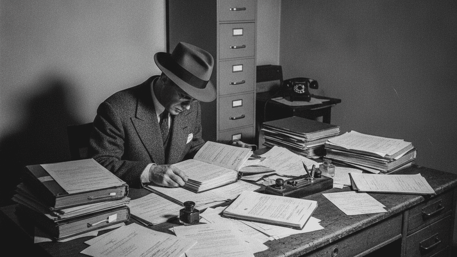 A 1950s investigative reporter examines state financial records in a cluttered office.