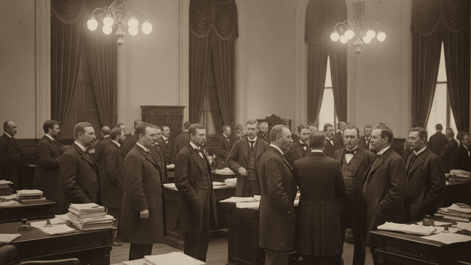 A group of 19th-century legislators in formal attire debating on the floor of the Illinois State Capitol.