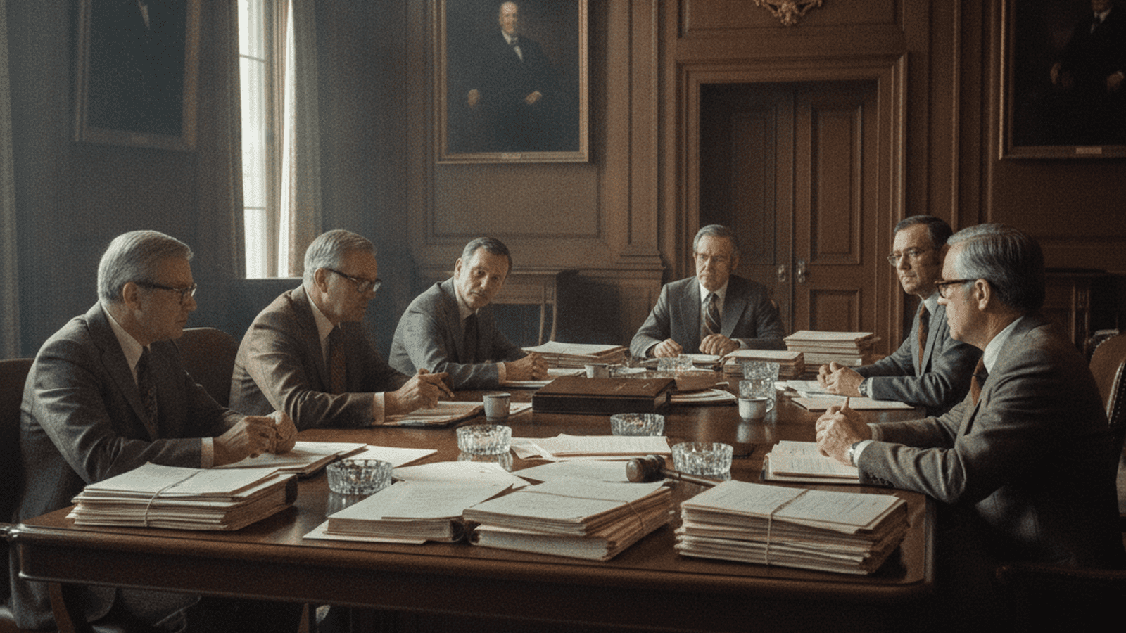 A group of United States Congressmen in 1970s suits discussing legislation in a wood-paneled committee room.