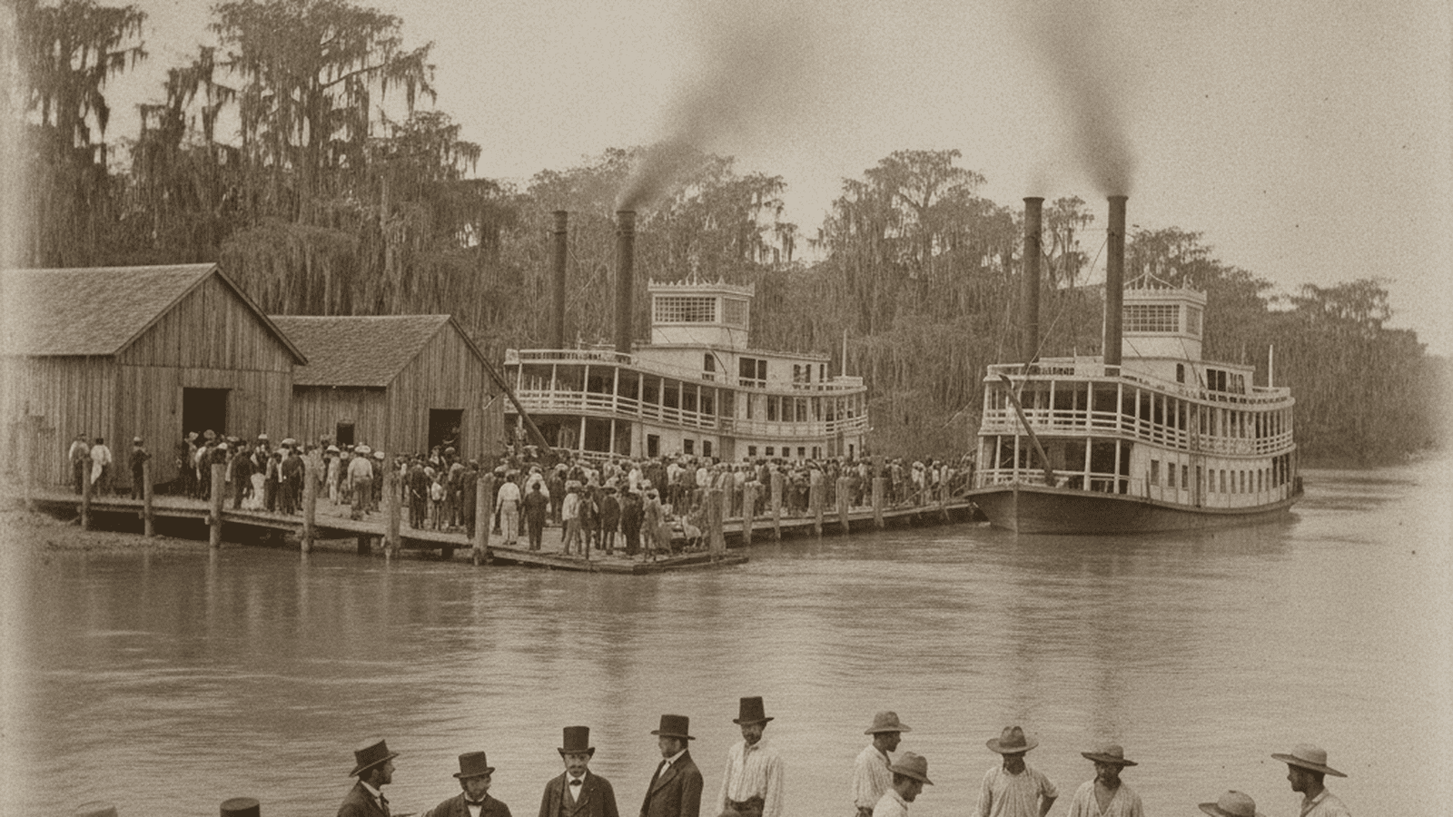 A sepia-toned depiction of 1840s steamboats docked at a Louisiana riverbank with men in period clothing disembarking.