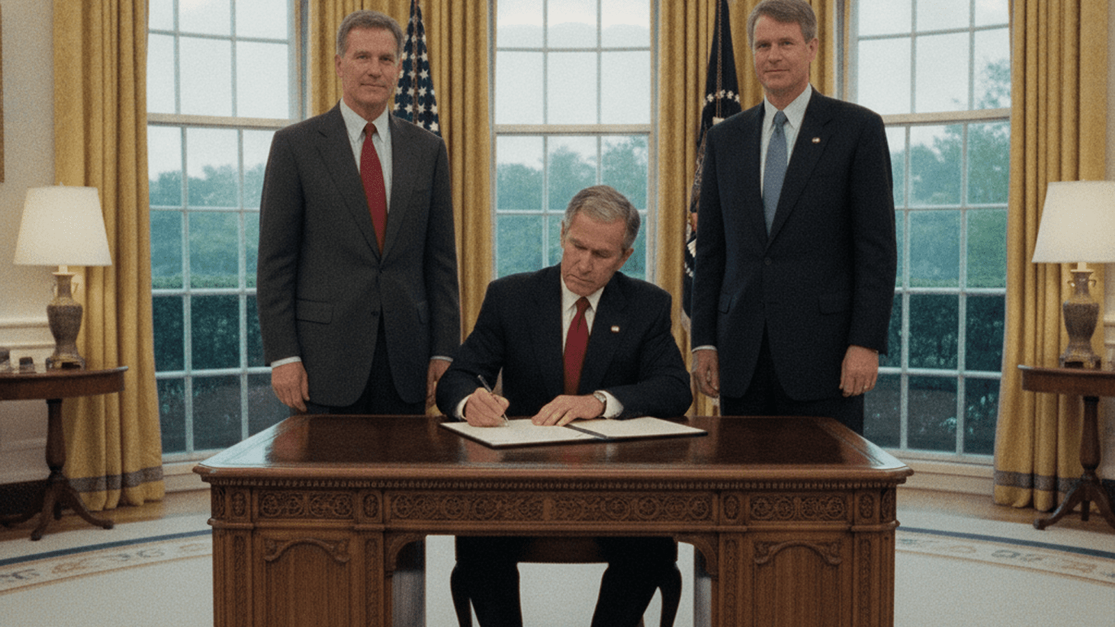 President George W. Bush signs the Bipartisan Campaign Reform Act in 2002 as Senators John McCain and Russ Feingold look on.