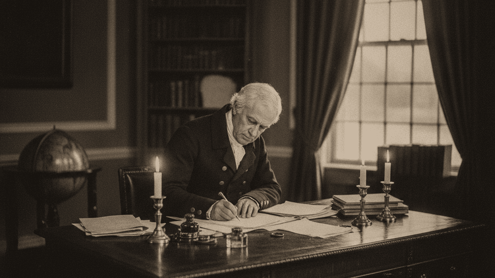 President John Adams signs judicial commissions by candlelight in a wood-paneled office in 1801.