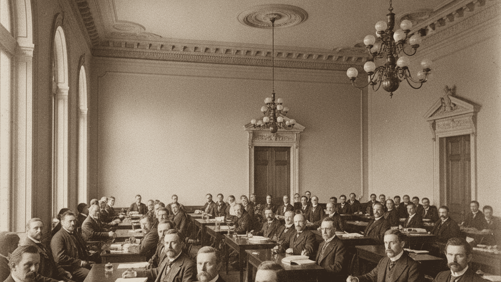 A sepia-toned photograph of the 1890 Mississippi Constitutional Convention assembly hall.
