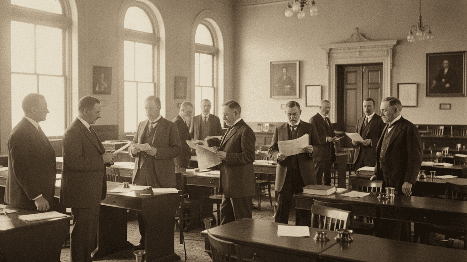 A monochrome photograph of the Nevada State Assembly chamber in 1911 during a legislative session.
