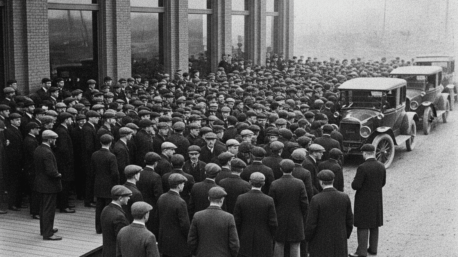 A 1921 monochrome photo of men in period attire gathered on a Bismarck street during the historic recall election.