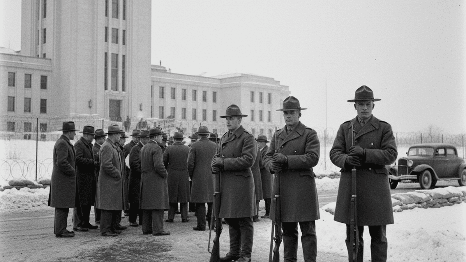 A black-and-white 1934 photograph of National Guard troops stationed outside the North Dakota State Capitol during a political standoff.