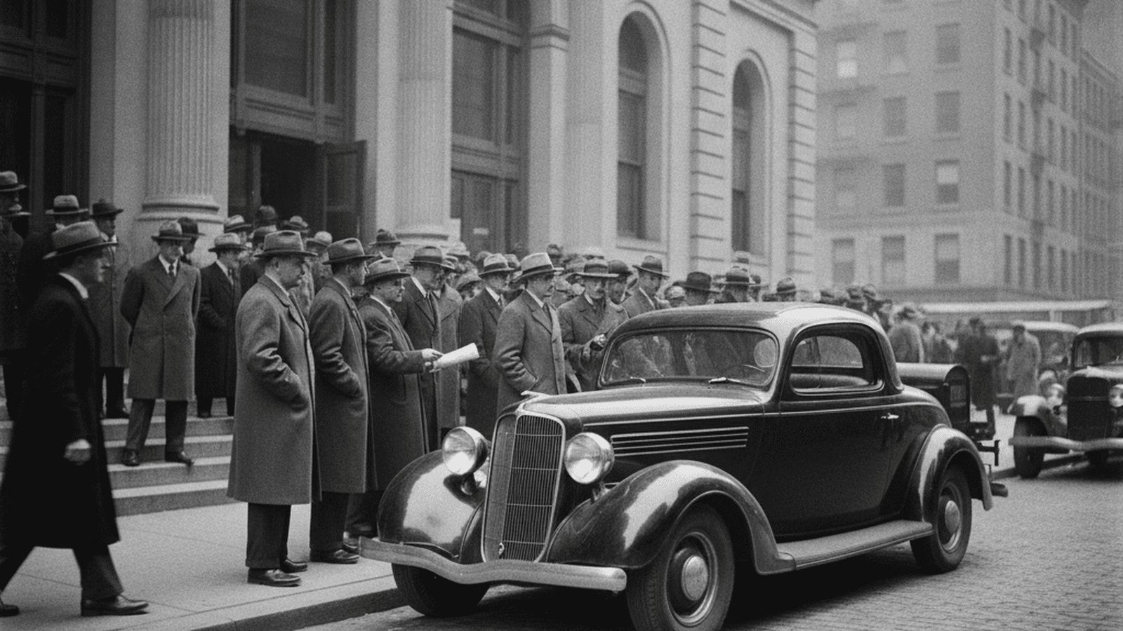 A black and white photo of voters in 1930s attire lining up outside a New York City building during the 1936 charter referendum.