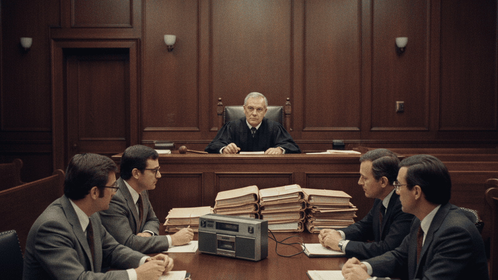 history-operation-greylord-judicial-corruption-1983-d9ca62a8 A 1980s Chicago courtroom scene showing a judge and lawyers during a period of intense judicial scrutiny.