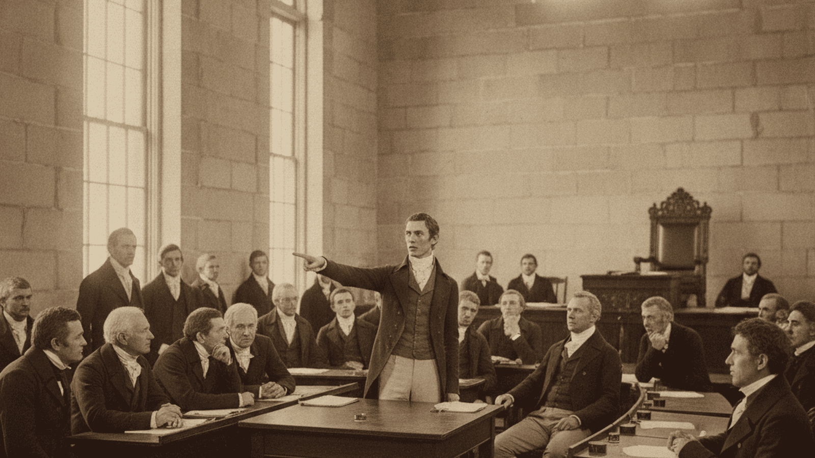 A historical recreation of John Randolph of Roanoke addressing the U.S. House of Representatives in 1806 during the Tertium Quid schism.