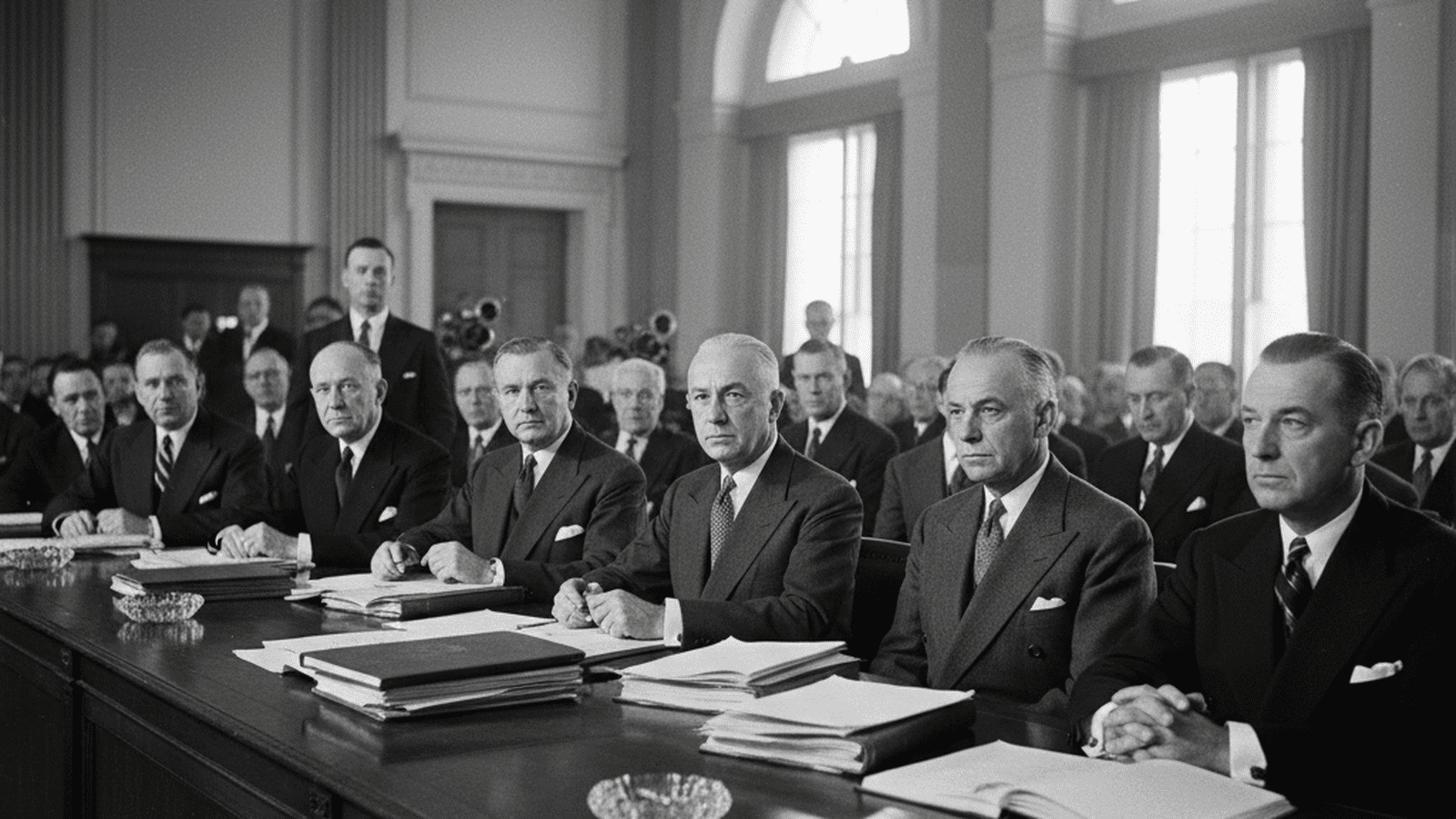 Senator Harry S. Truman leads a Senate committee hearing in 1941 to investigate defense spending.