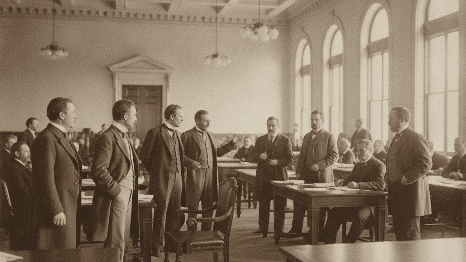 history-wyoming-legislative-deadlock-1893-91216ecc A sepia-toned photograph of the Wyoming State Capitol interior in 1893 showing legislators in period dress during a session.